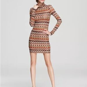 Flame Stitch Turtleneck Fitted Dress